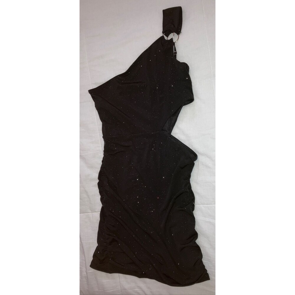 Lucy in the Sky Dress Womens Size S Black Sparkle One Shoulder Ruched Mini Disco